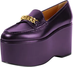 Women Chic Round Toe Chain Decoration Thick Sole Platform Loafers Slip on Graceful Party Homecoming Pump Shoes Size 4-16 US