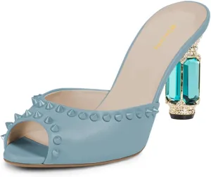 Women Graceful Studded Rivets Peep Toe Mules Crystal Mid Heel Slip On Ladies Fashion Casual Dress Shoes Size 4-16 US