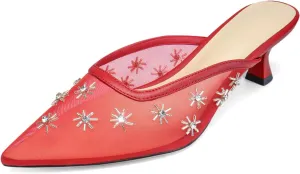 Women Kitten Heel Mules Crystal Flower Decor Mesh Pointed Toe Low Heel Pumps