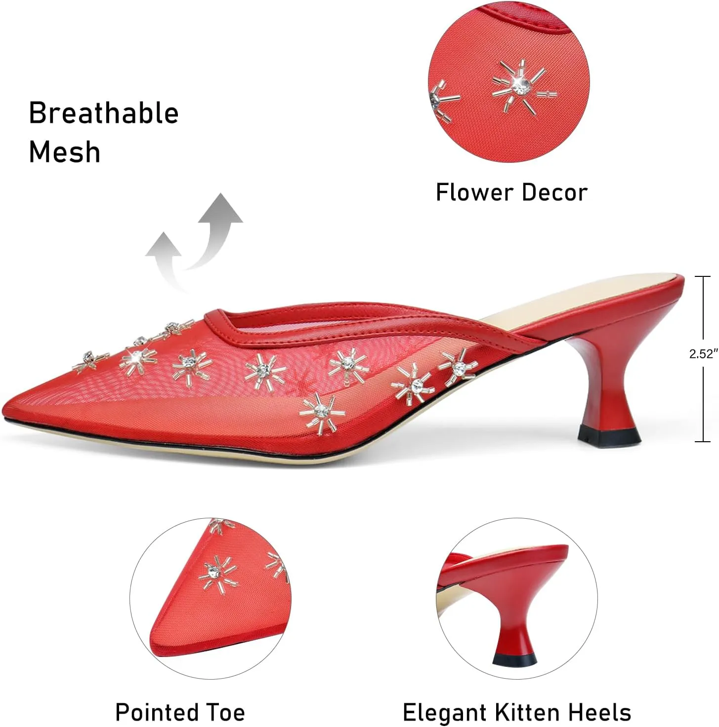 Women Kitten Heel Mules Crystal Flower Decor Mesh Pointed Toe Low Heel Pumps