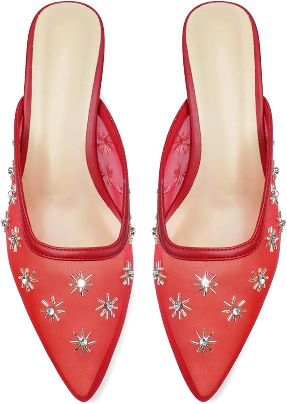 Women Kitten Heel Mules Crystal Flower Decor Mesh Pointed Toe Low Heel Pumps