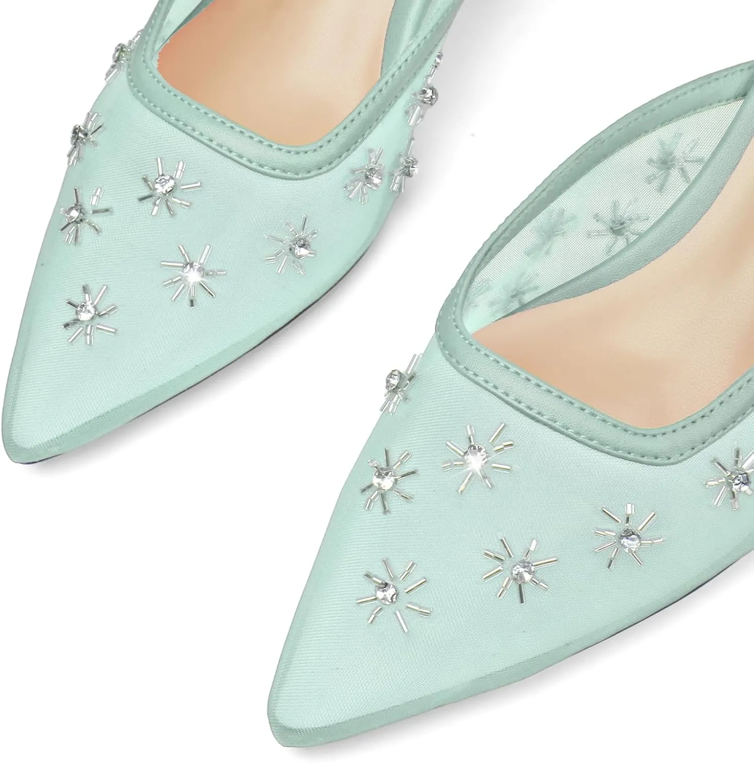 Women Kitten Heel Mules Crystal Flower Decor Mesh Pointed Toe Low Heel Pumps