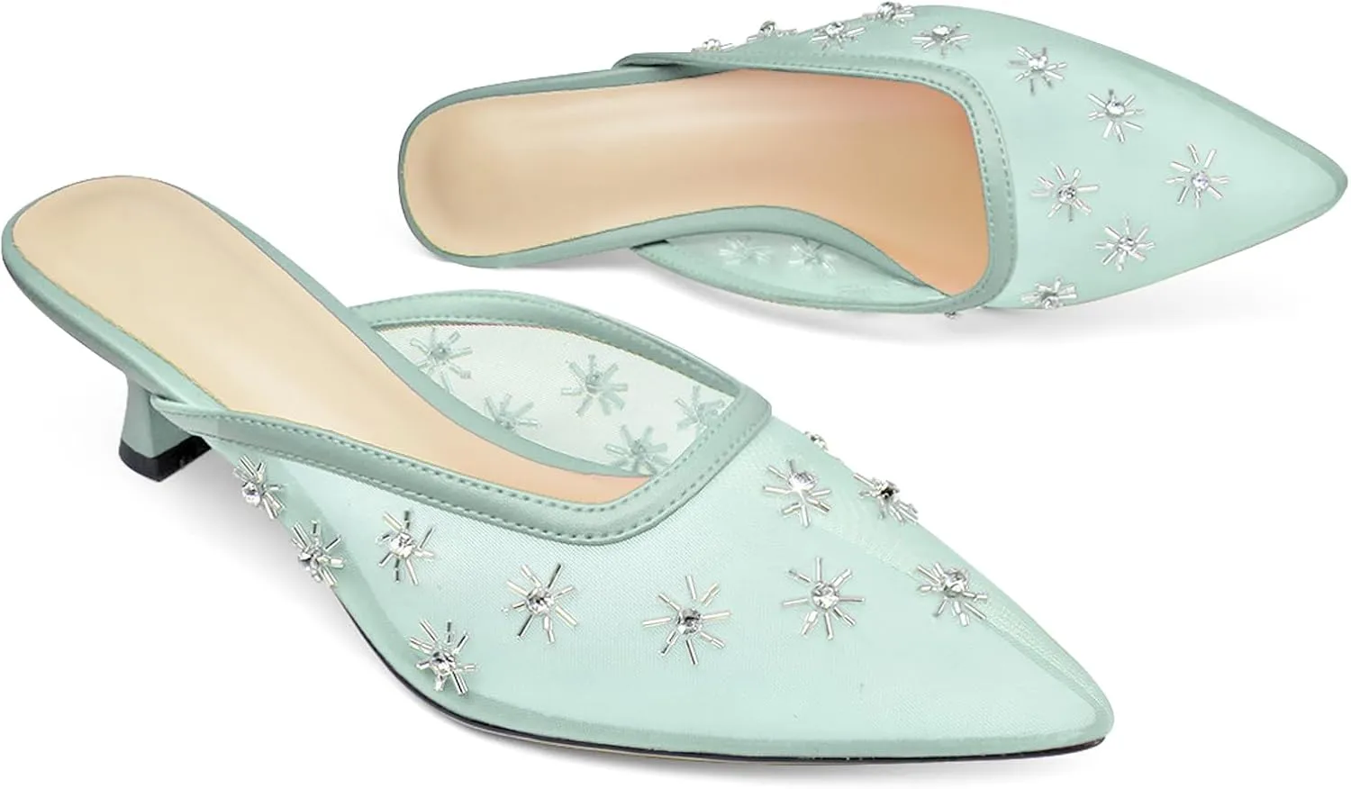 Women Kitten Heel Mules Crystal Flower Decor Mesh Pointed Toe Low Heel Pumps