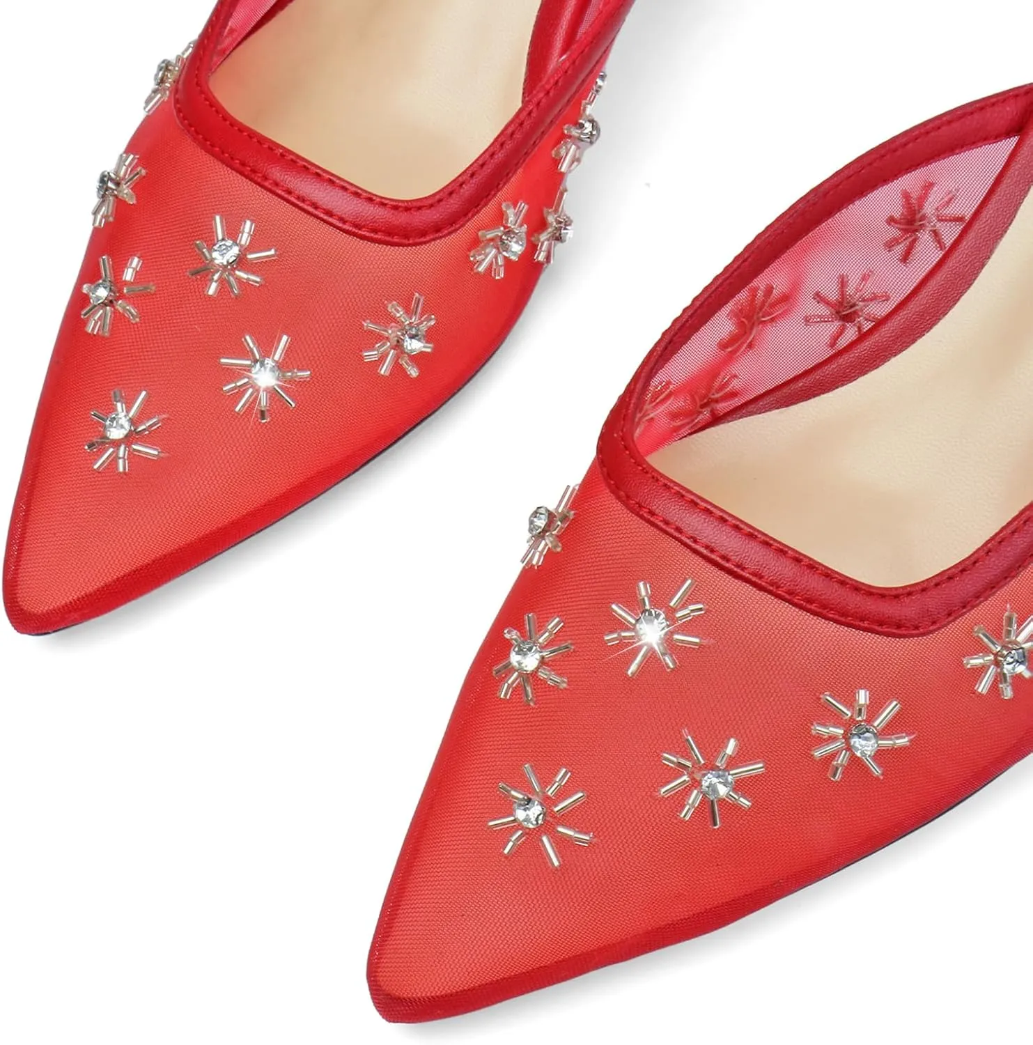 Women Kitten Heel Mules Crystal Flower Decor Mesh Pointed Toe Low Heel Pumps