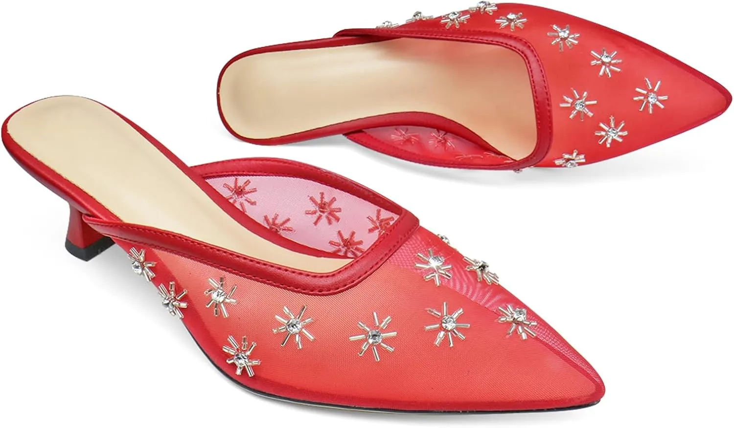Women Kitten Heel Mules Crystal Flower Decor Mesh Pointed Toe Low Heel Pumps