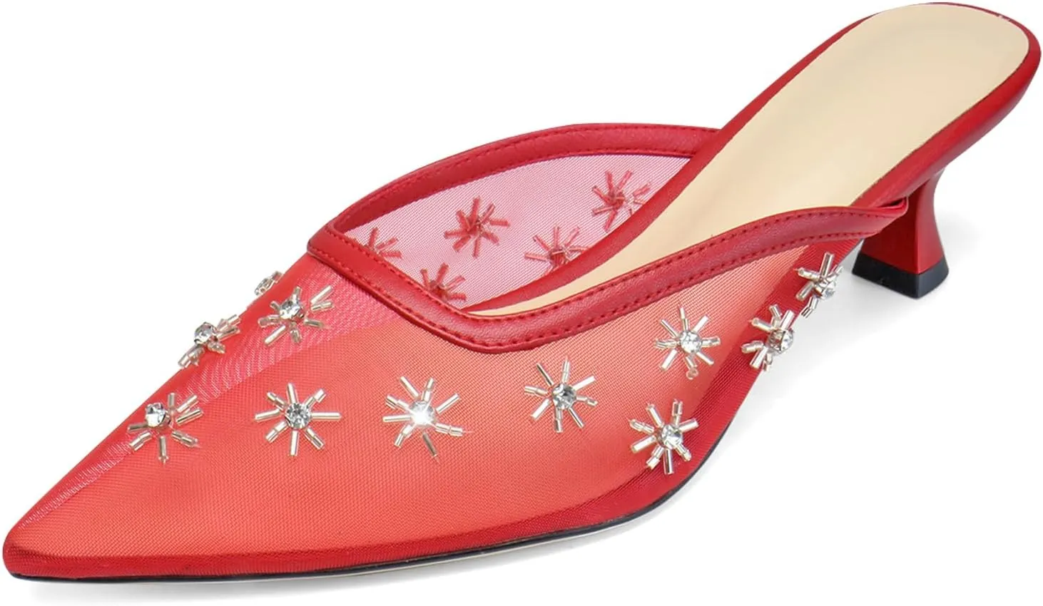 Women Kitten Heel Mules Crystal Flower Decor Mesh Pointed Toe Low Heel Pumps