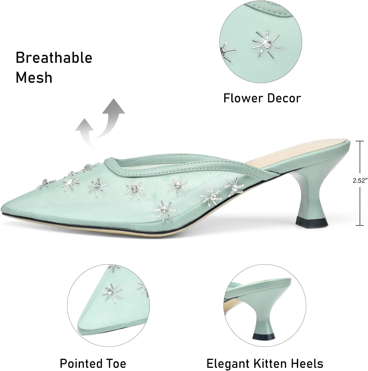 Women Kitten Heel Mules Crystal Flower Decor Mesh Pointed Toe Low Heel Pumps