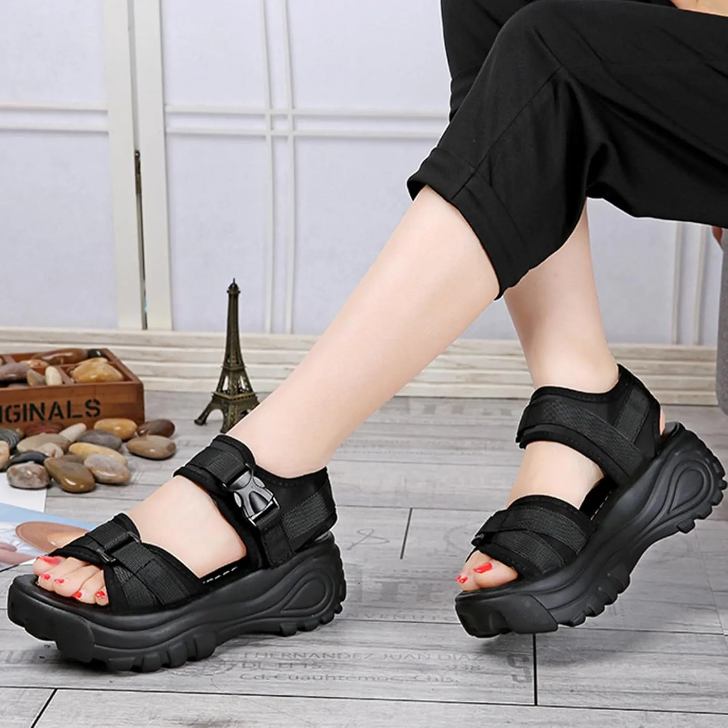 Women'S Adjustable Buckle Platform Non Slip Mom Sandals Fashion Round Open Toe Memory Foam Increase Height Chunky Sole Roman Sandals For Beach Walking Party