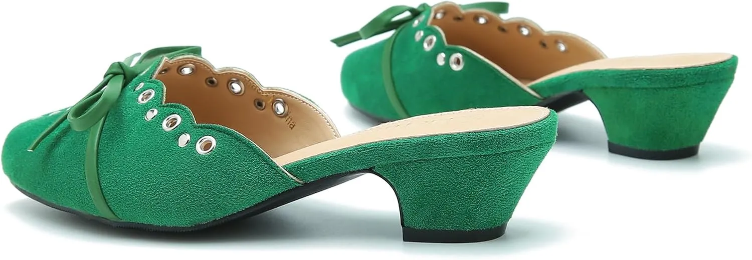 Women's Bow Heels Mules Pointed Toe Low Block Chunky Heeled Backless Slip on Slippers Sandals Comfortable Dress Work Shoes