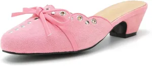 Women's Bow Heels Mules Pointed Toe Low Block Chunky Heeled Backless Slip on Slippers Sandals Comfortable Dress Work Shoes