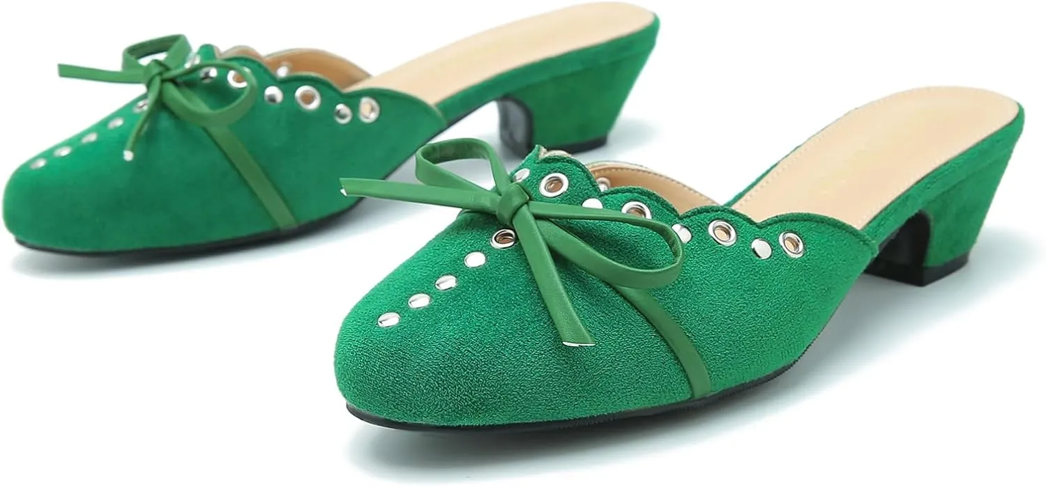Women's Bow Heels Mules Pointed Toe Low Block Chunky Heeled Backless Slip on Slippers Sandals Comfortable Dress Work Shoes