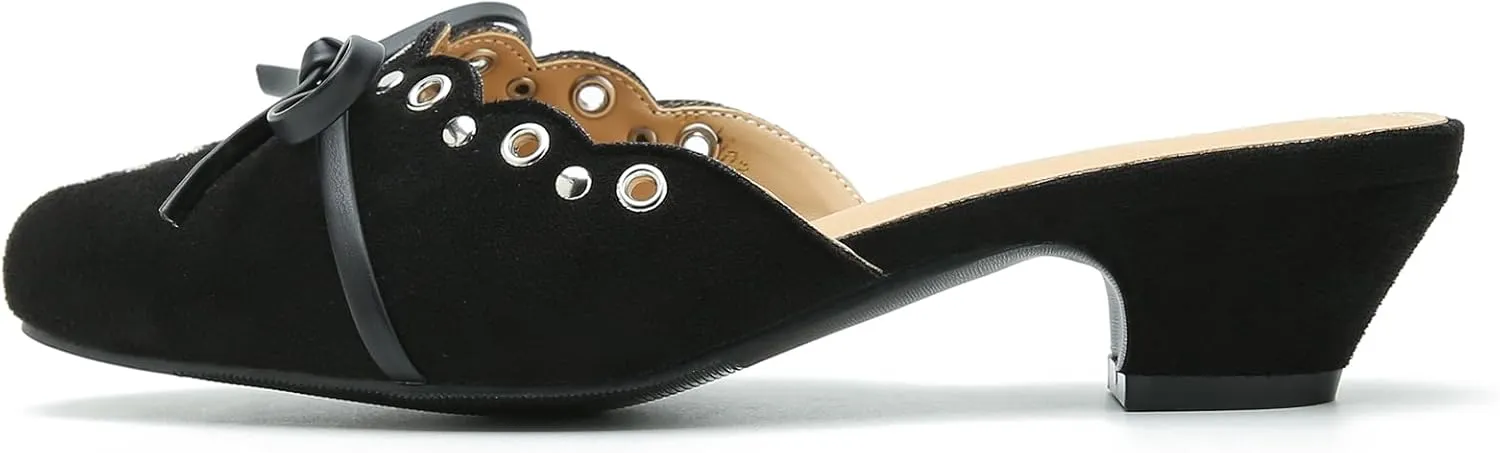 Women's Bow Heels Mules Pointed Toe Low Block Chunky Heeled Backless Slip on Slippers Sandals Comfortable Dress Work Shoes
