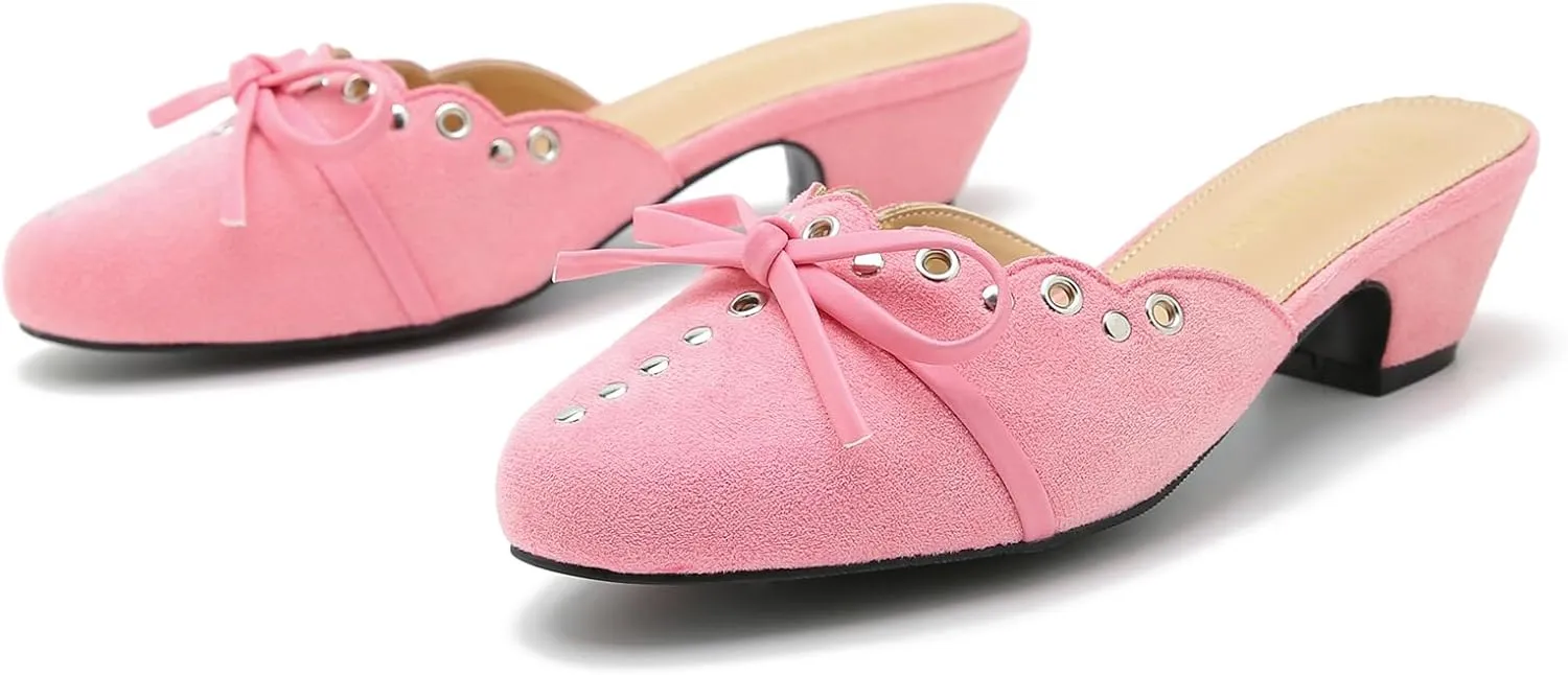 Women's Bow Heels Mules Pointed Toe Low Block Chunky Heeled Backless Slip on Slippers Sandals Comfortable Dress Work Shoes