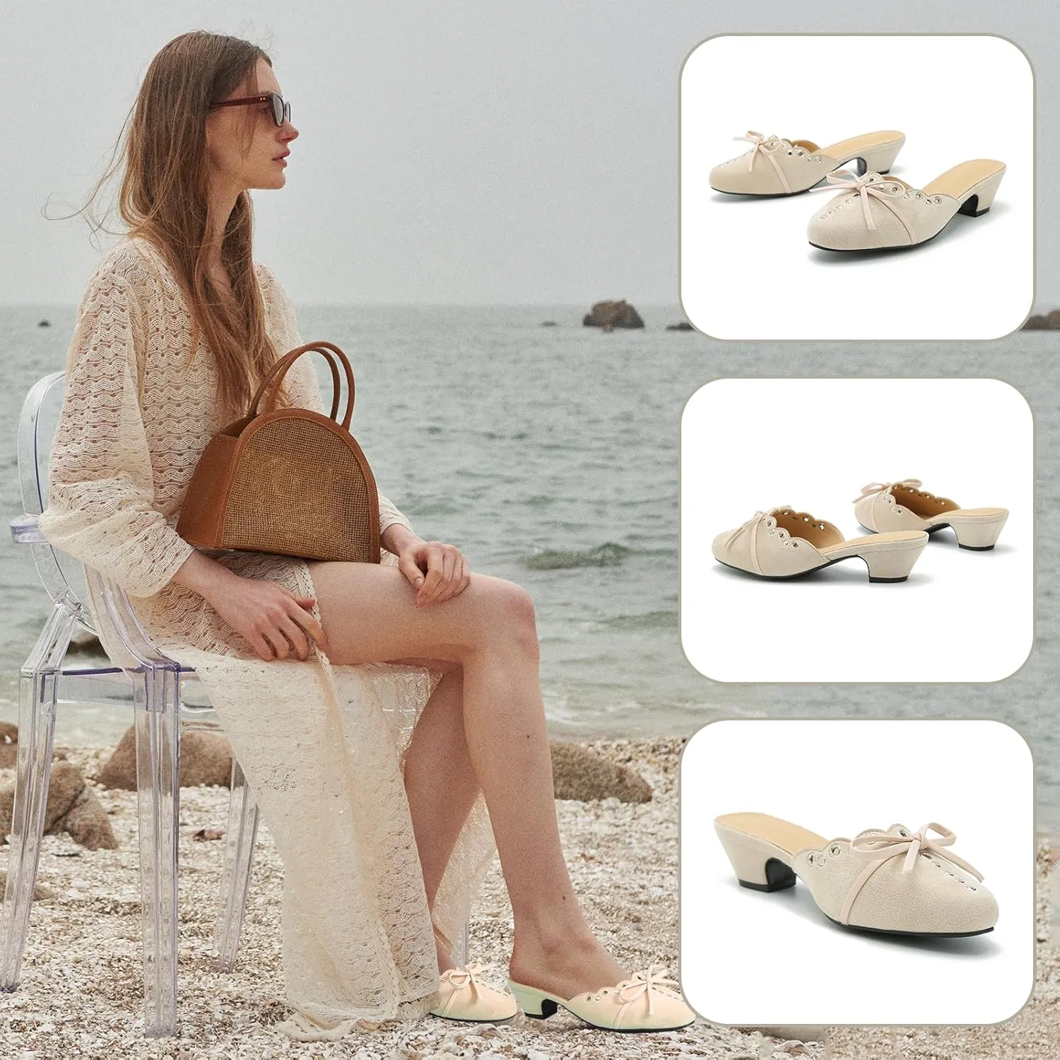 Women's Bow Heels Mules Pointed Toe Low Block Chunky Heeled Backless Slip on Slippers Sandals Comfortable Dress Work Shoes
