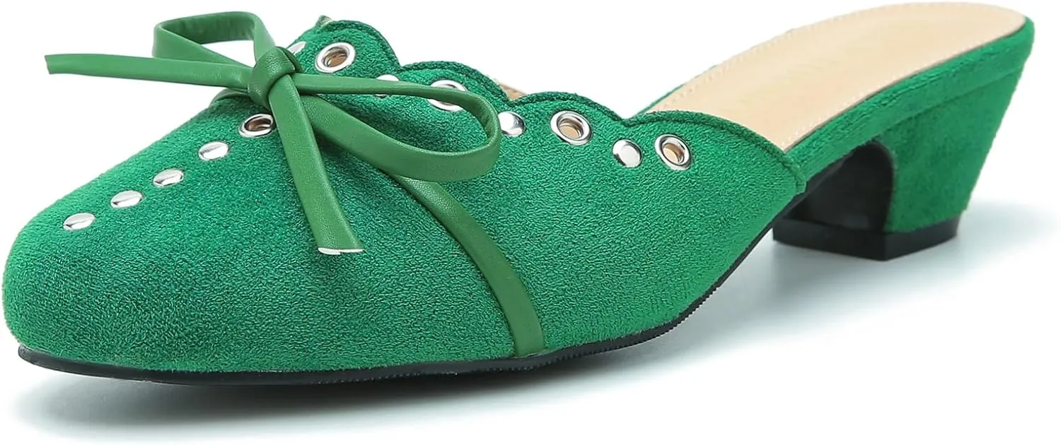 Women's Bow Heels Mules Pointed Toe Low Block Chunky Heeled Backless Slip on Slippers Sandals Comfortable Dress Work Shoes