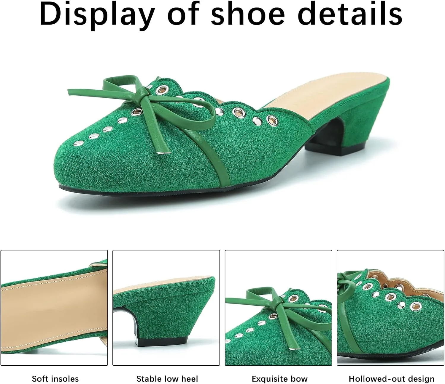 Women's Bow Heels Mules Pointed Toe Low Block Chunky Heeled Backless Slip on Slippers Sandals Comfortable Dress Work Shoes