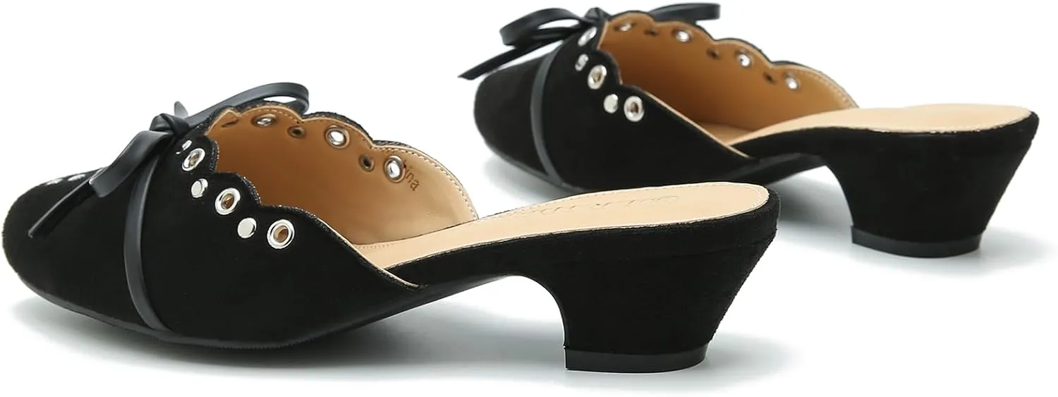 Women's Bow Heels Mules Pointed Toe Low Block Chunky Heeled Backless Slip on Slippers Sandals Comfortable Dress Work Shoes