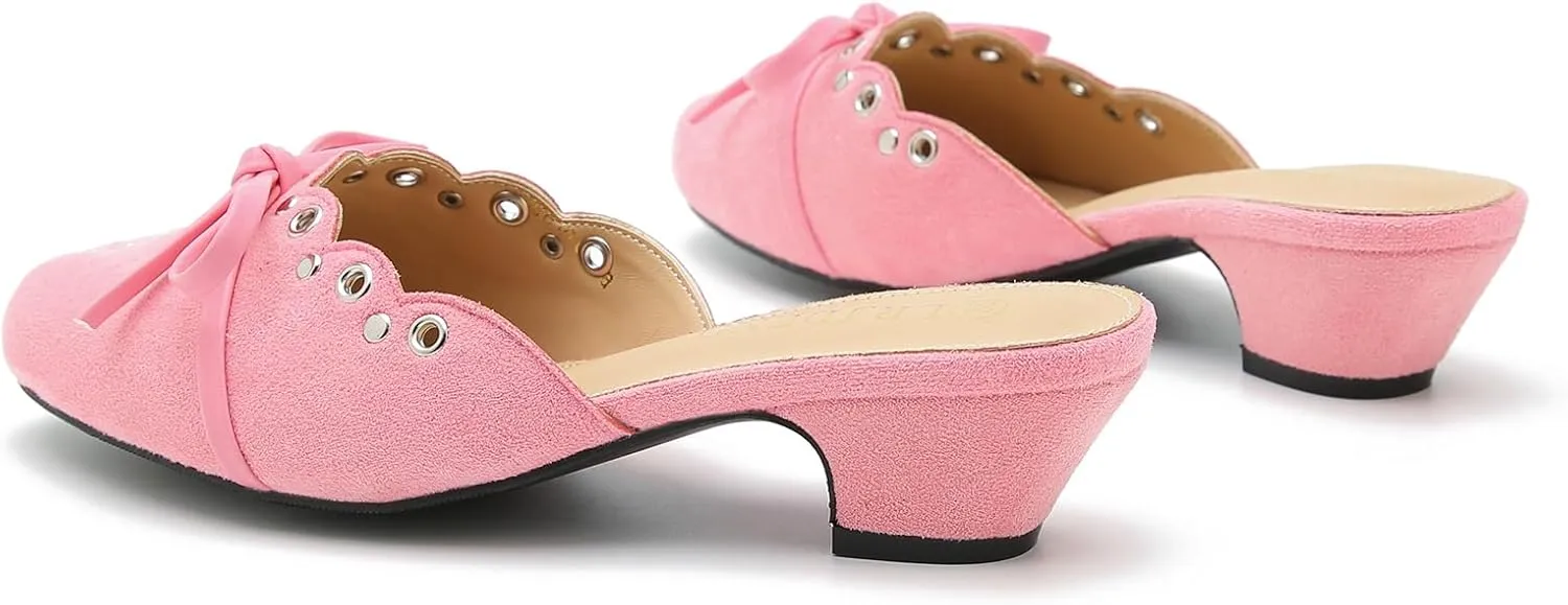 Women's Bow Heels Mules Pointed Toe Low Block Chunky Heeled Backless Slip on Slippers Sandals Comfortable Dress Work Shoes