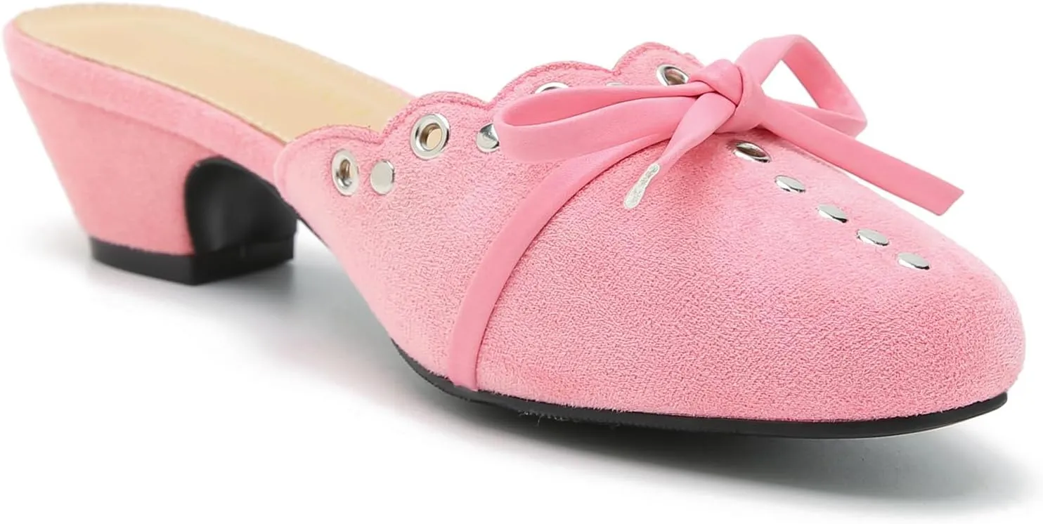 Women's Bow Heels Mules Pointed Toe Low Block Chunky Heeled Backless Slip on Slippers Sandals Comfortable Dress Work Shoes