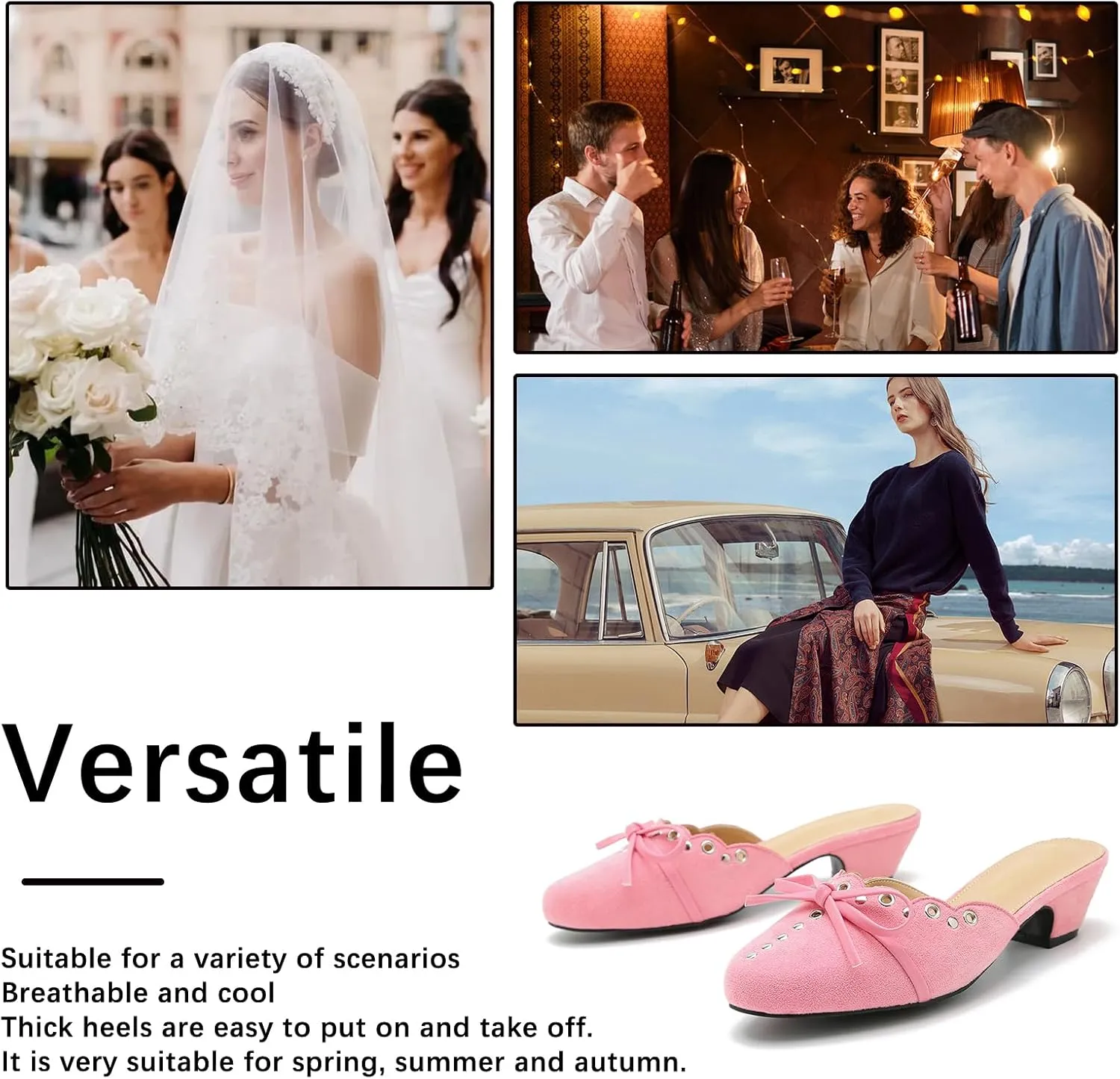 Women's Bow Heels Mules Pointed Toe Low Block Chunky Heeled Backless Slip on Slippers Sandals Comfortable Dress Work Shoes