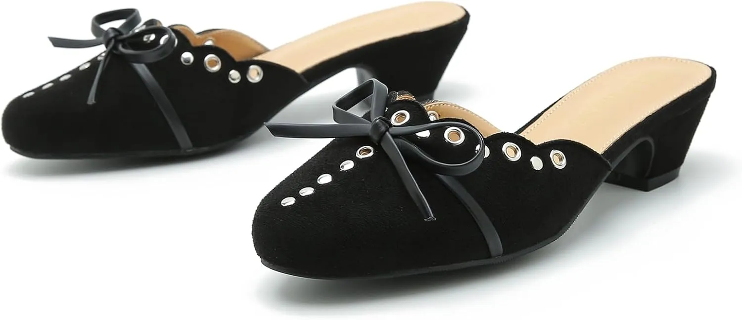 Women's Bow Heels Mules Pointed Toe Low Block Chunky Heeled Backless Slip on Slippers Sandals Comfortable Dress Work Shoes
