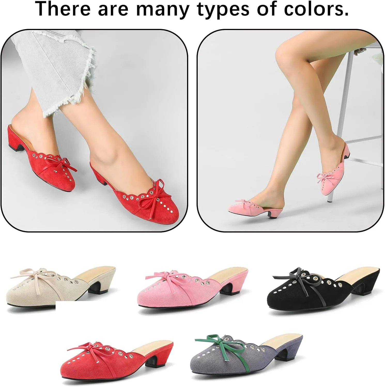 Women's Bow Heels Mules Pointed Toe Low Block Chunky Heeled Backless Slip on Slippers Sandals Comfortable Dress Work Shoes