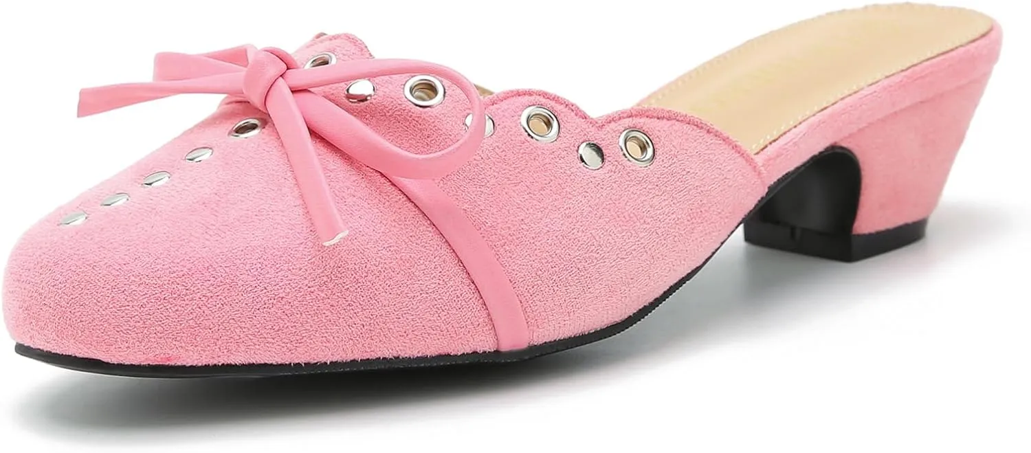 Women's Bow Heels Mules Pointed Toe Low Block Chunky Heeled Backless Slip on Slippers Sandals Comfortable Dress Work Shoes