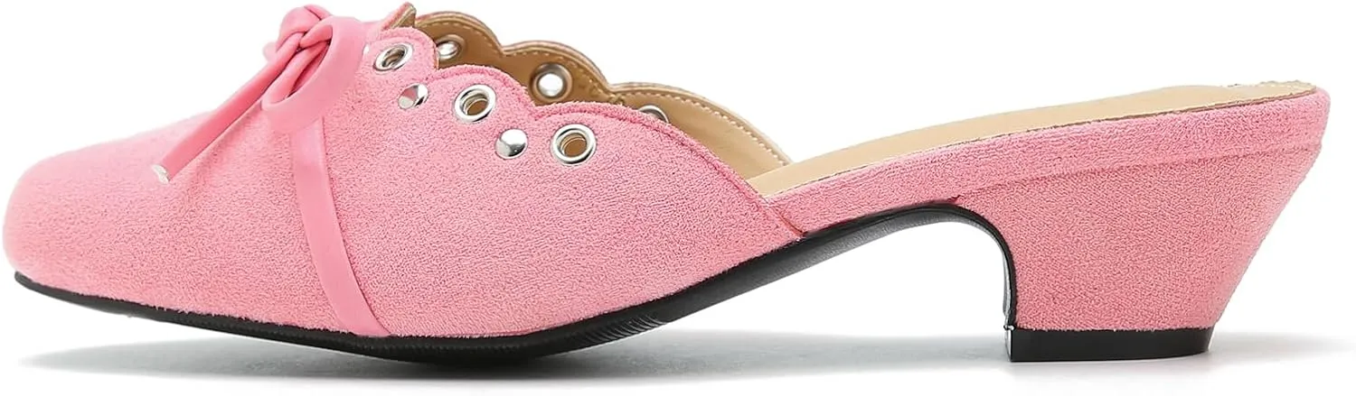Women's Bow Heels Mules Pointed Toe Low Block Chunky Heeled Backless Slip on Slippers Sandals Comfortable Dress Work Shoes