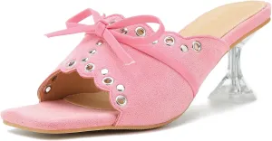 Women's Bow Heels Slippers Square Toe Clear Kitten Heeled Sandals Comfortable Mules Slip On Party Prom Dress Shoes