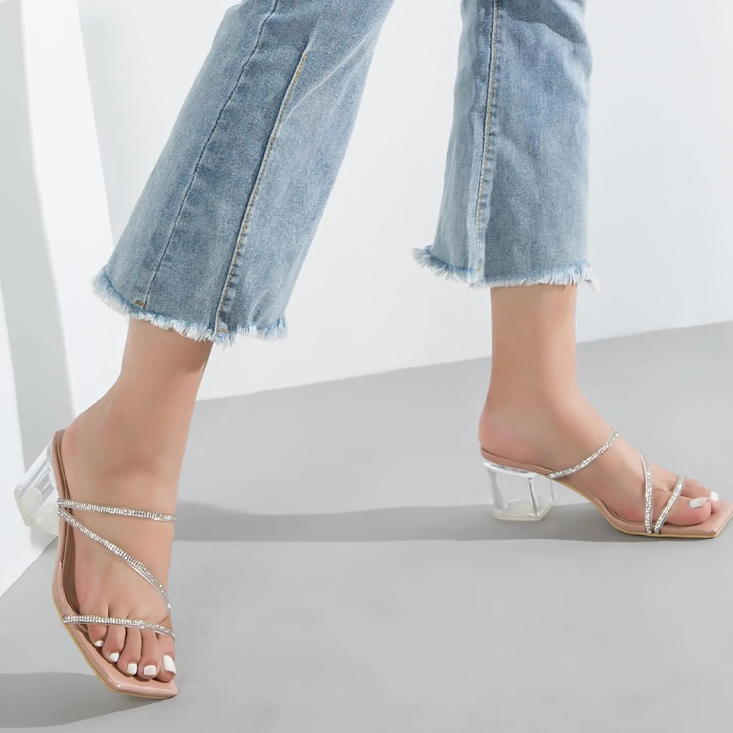 Women's Clear Rhinestone Heels Square Open Toe Low Block Chunky Heels Sandals Strappy Mules Backless Slippers Slip On Dress Shoes