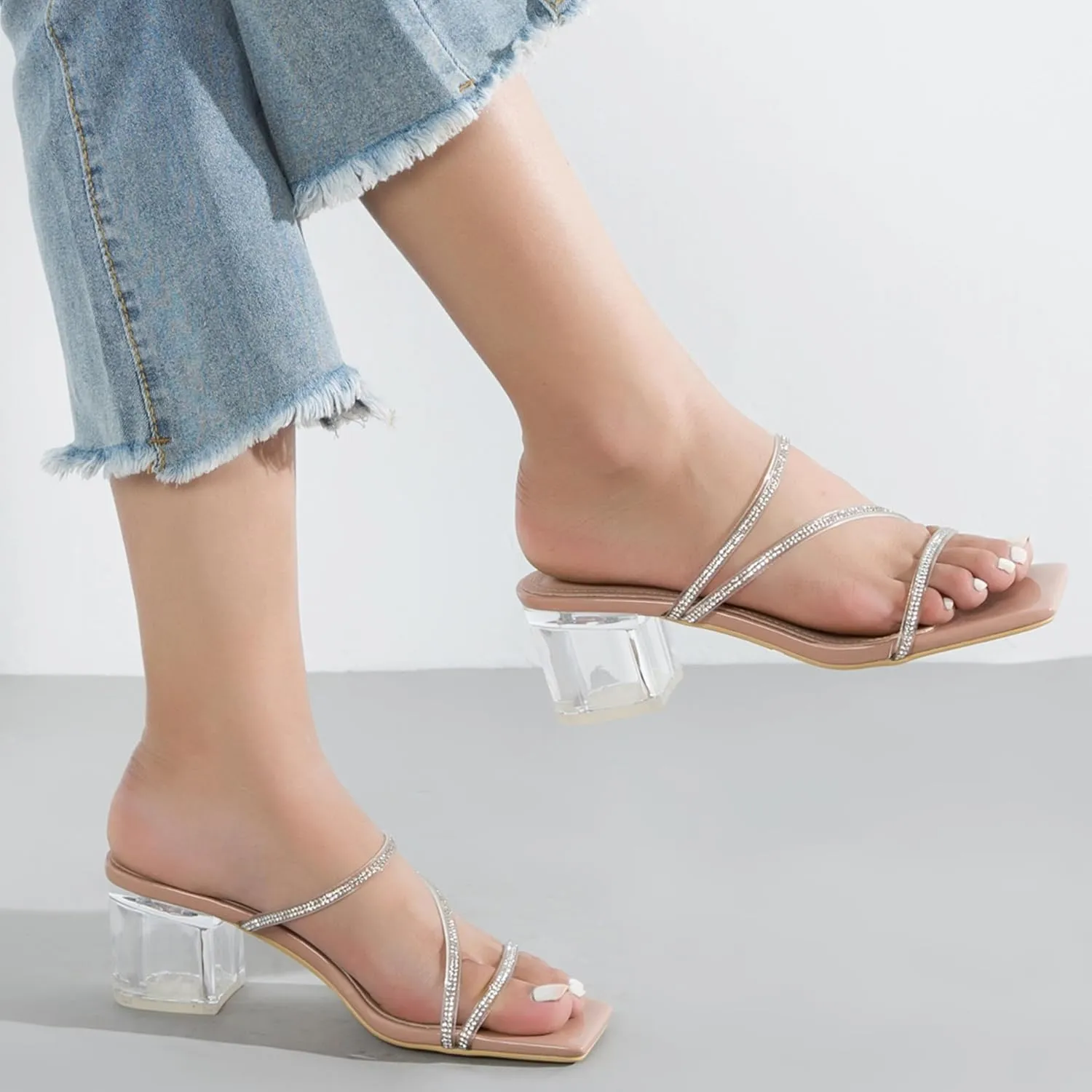 Women's Clear Rhinestone Heels Square Open Toe Low Block Chunky Heels Sandals Strappy Mules Backless Slippers Slip On Dress Shoes