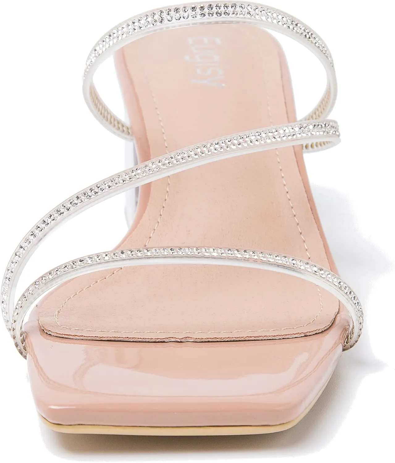 Women's Clear Rhinestone Heels Square Open Toe Low Block Chunky Heels Sandals Strappy Mules Backless Slippers Slip On Dress Shoes