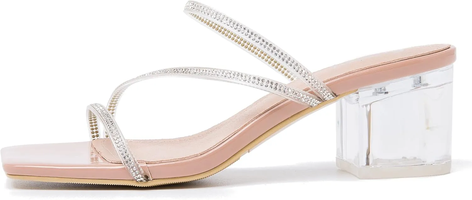 Women's Clear Rhinestone Heels Square Open Toe Low Block Chunky Heels Sandals Strappy Mules Backless Slippers Slip On Dress Shoes