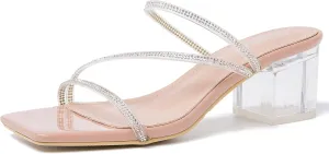 Women's Clear Rhinestone Heels Square Open Toe Low Block Chunky Heels Sandals Strappy Mules Backless Slippers Slip On Dress Shoes