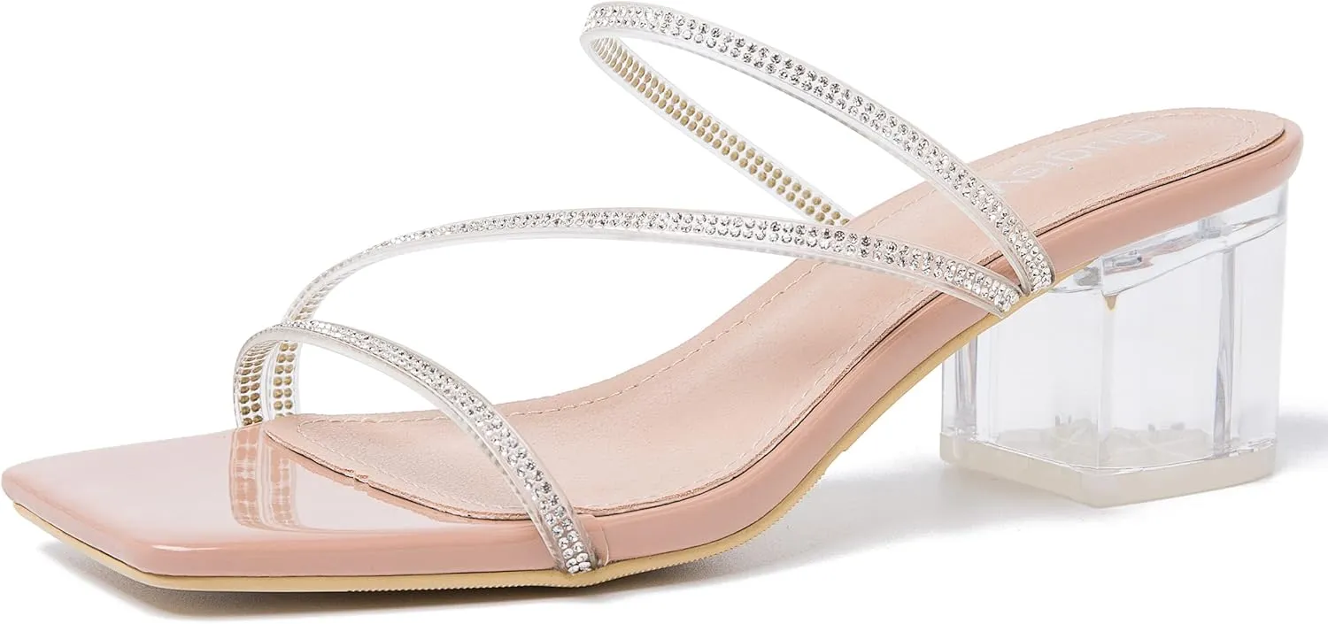 Women's Clear Rhinestone Heels Square Open Toe Low Block Chunky Heels Sandals Strappy Mules Backless Slippers Slip On Dress Shoes