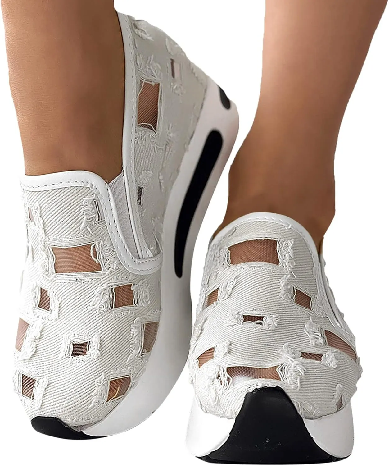 Women's Fashion Sneakers Mesh Floral Embroidery Platform Sneakers for Women 2024 Breathable Walking Shoes Comfortable Casual Wedge Slip On Work Shoes