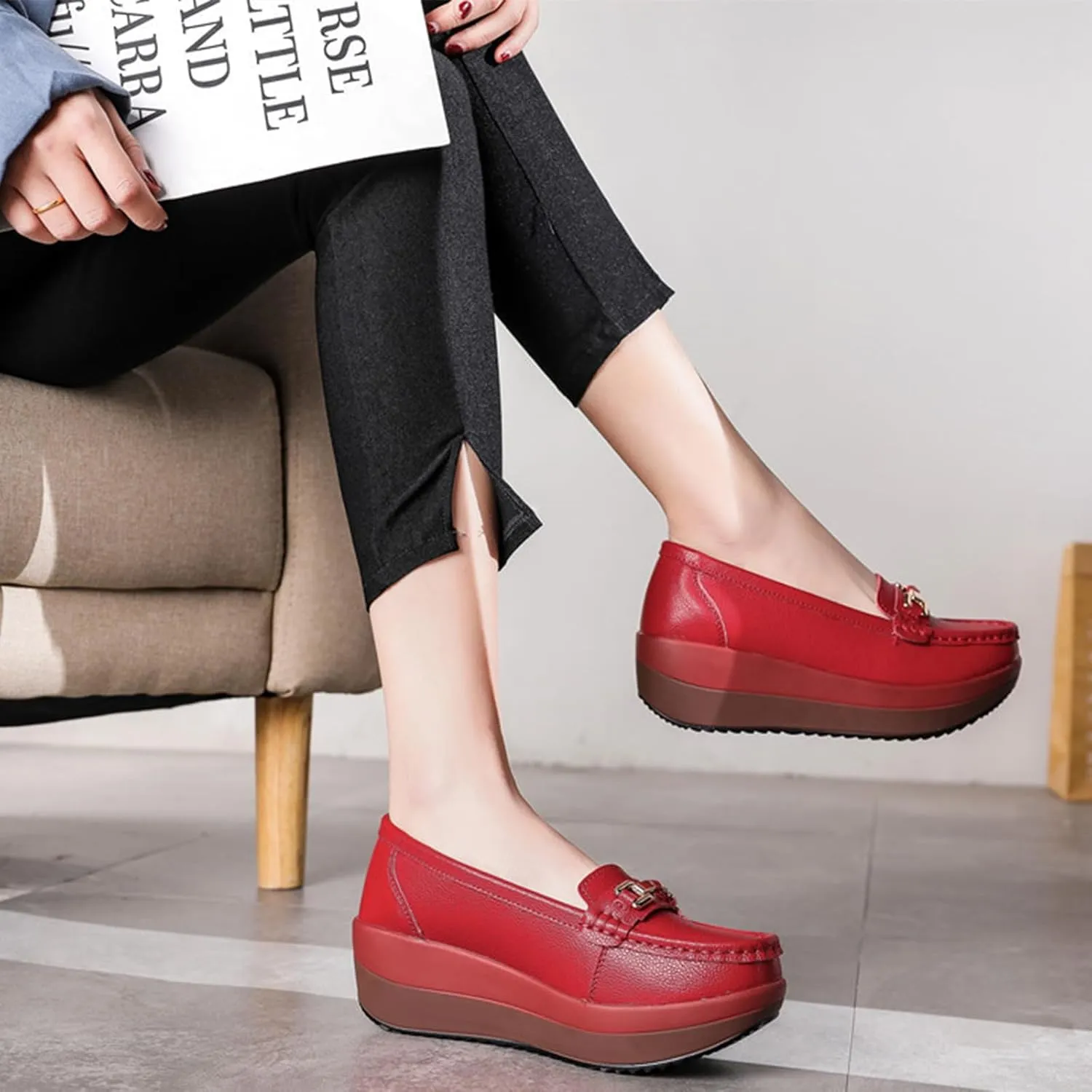 Women's Genuine Leather Wedge Heel Rocker Loafers Comfort Non Slip Platform Slip On Walking Shoes Casual Shopping Daily Mom Shoes