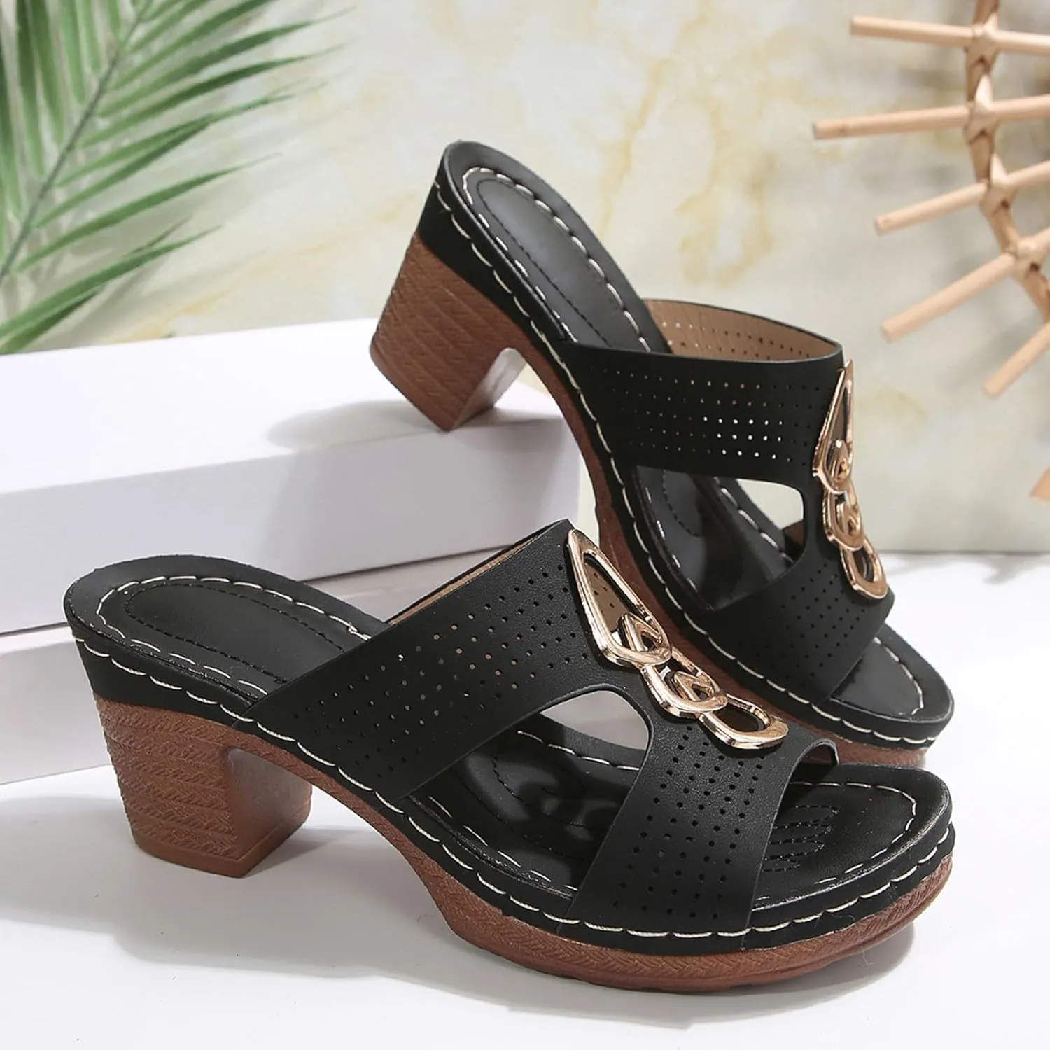 Women's Heeled Sandals Open Toe Slip On Block Womens Chunky Mid Heels Ankle Strap Sandal Metal Decoration Slippers Casual Comfortable Summer Flip Flops Backless Mules Adjustable Slide Walking Shoes