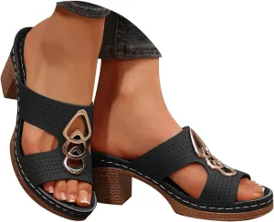Women's Heeled Sandals Open Toe Slip On Block Womens Chunky Mid Heels Ankle Strap Sandal Metal Decoration Slippers Casual Comfortable Summer Flip Flops Backless Mules Adjustable Slide Walking Shoes