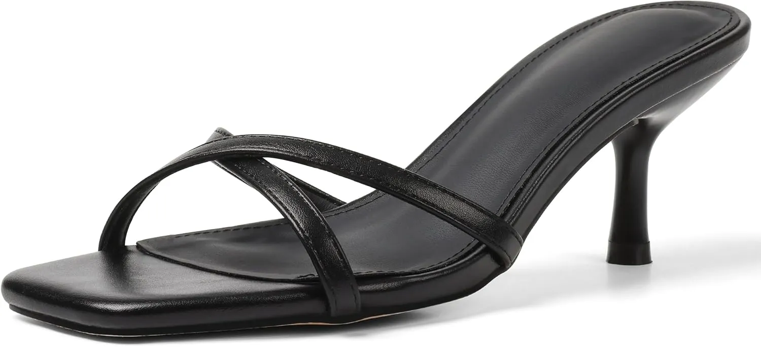 Womens Kitten Heels Open Square Toe Low Heeled Sandals Cross Band Slip on Stiletto Heels Comfort Mules Slides Summer Dress Pumps