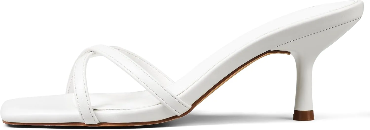 Womens Kitten Heels Open Square Toe Low Heeled Sandals Cross Band Slip on Stiletto Heels Comfort Mules Slides Summer Dress Pumps