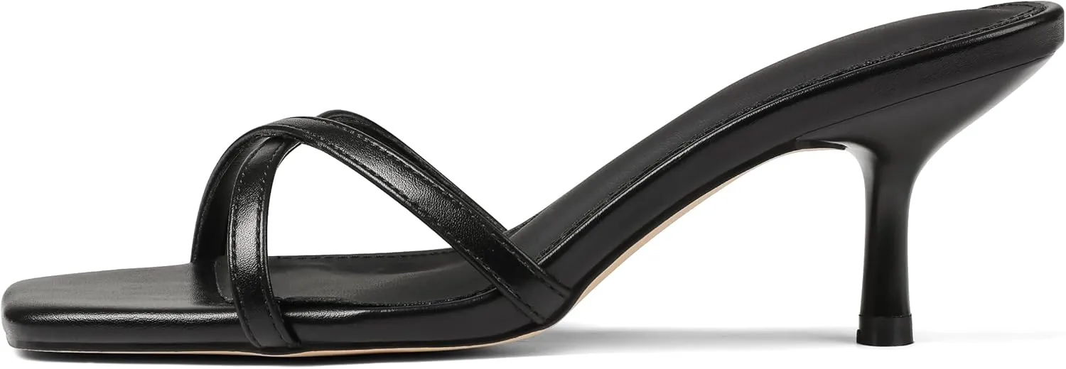 Womens Kitten Heels Open Square Toe Low Heeled Sandals Cross Band Slip on Stiletto Heels Comfort Mules Slides Summer Dress Pumps