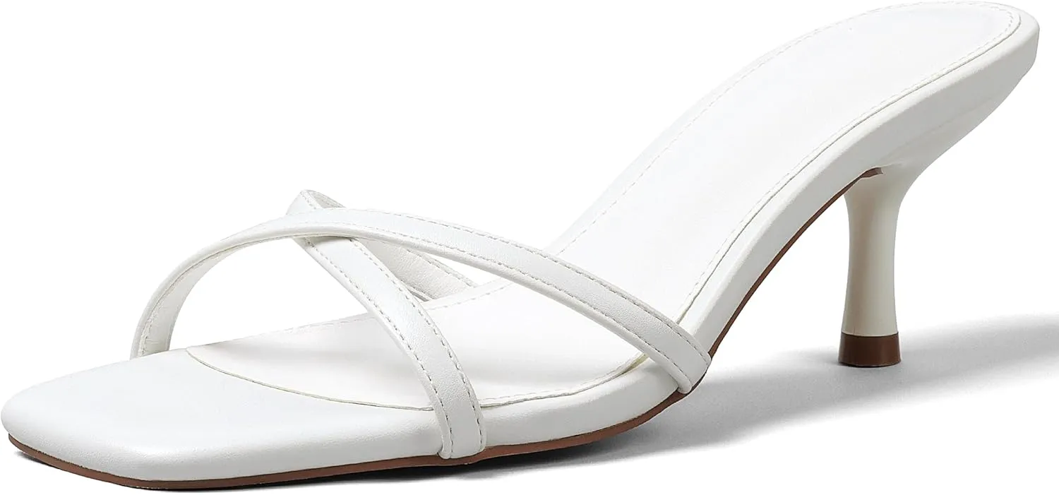 Womens Kitten Heels Open Square Toe Low Heeled Sandals Cross Band Slip on Stiletto Heels Comfort Mules Slides Summer Dress Pumps