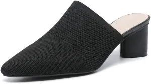 Women’s Knit Closed Pointed Toe Chunky Heel Mules Fashion Mesh Breathable Low Block Heel Pump Sandals Comfortable Slip On Dress Party Shoes