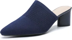 Women’s Knit Closed Pointed Toe Chunky Heel Mules Fashion Mesh Breathable Low Block Heel Pump Sandals Comfortable Slip On Dress Party Shoes