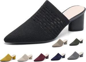 Women’s Knit Closed Pointed Toe Chunky Heel Mules Fashion Mesh Breathable Slingback Slip-on Pumps Sandals