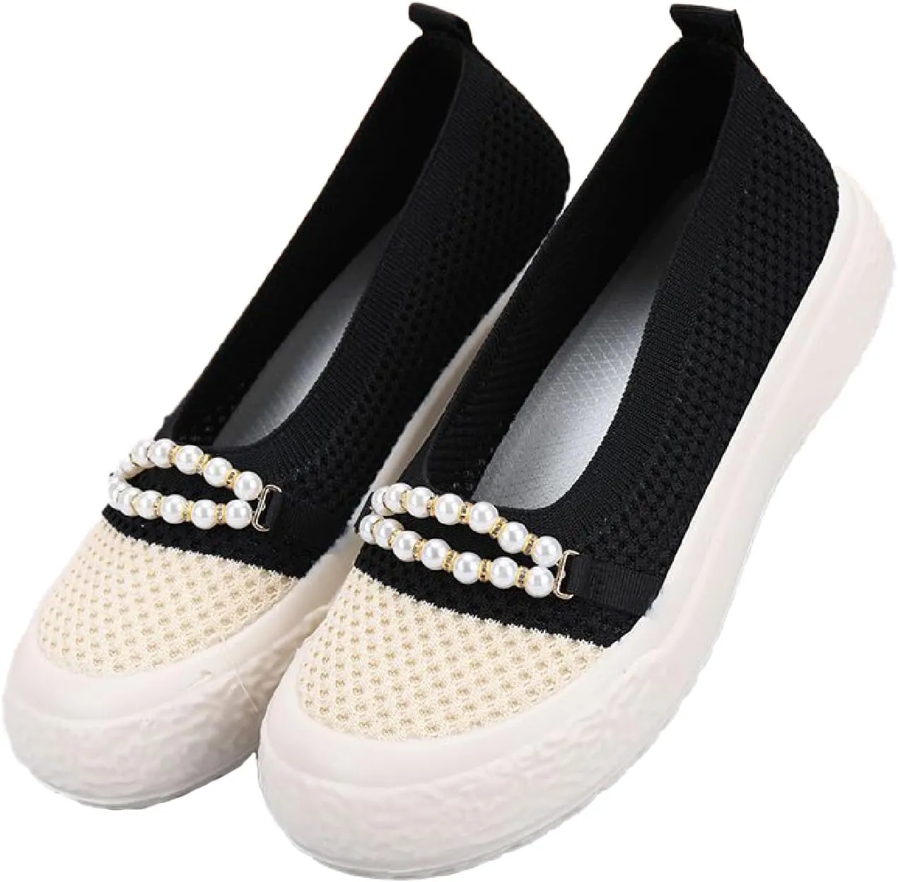 Women's Knit Pearl Platform Loafers Lightweight Comfortable Anti-Collision Round Toe Slip-On Soft Bottom Flat Shoes Casual Walking Mom Shoes