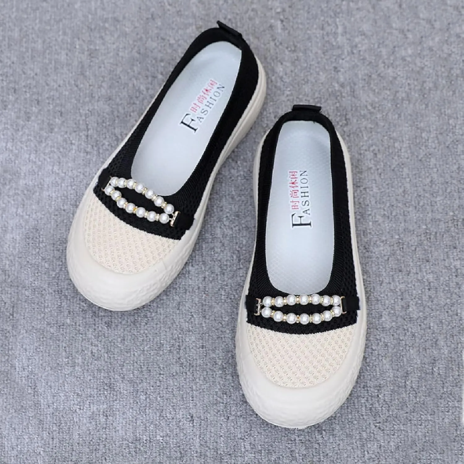 Women's Knit Pearl Platform Loafers Lightweight Comfortable Anti-Collision Round Toe Slip-On Soft Bottom Flat Shoes Casual Walking Mom Shoes