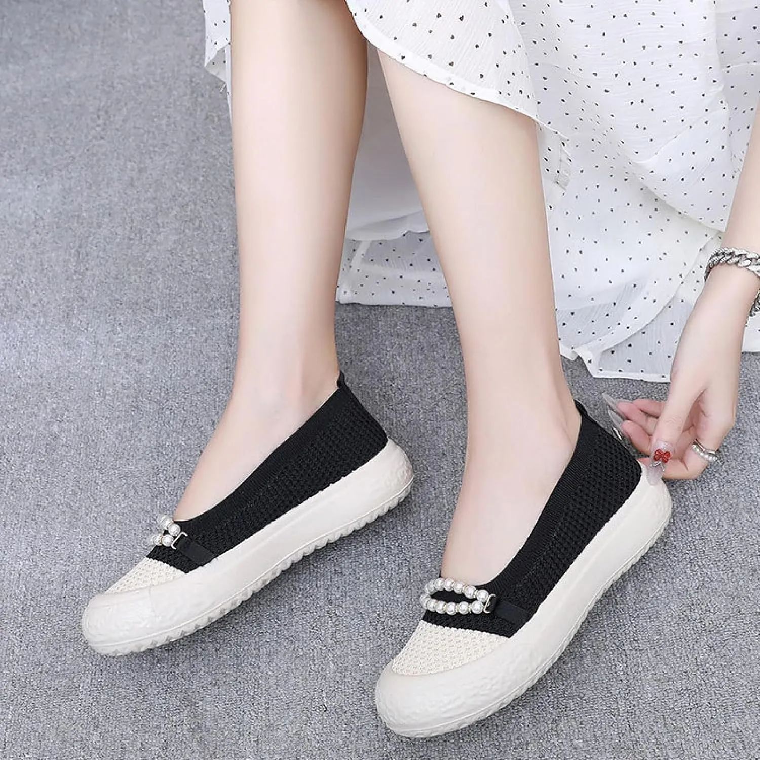 Women's Knit Pearl Platform Loafers Lightweight Comfortable Anti-Collision Round Toe Slip-On Soft Bottom Flat Shoes Casual Walking Mom Shoes