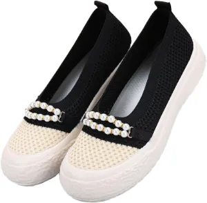 Women's Knit Pearl Platform Loafers Lightweight Comfortable Anti-Collision Round Toe Slip-On Soft Bottom Flat Shoes Casual Walking Mom Shoes